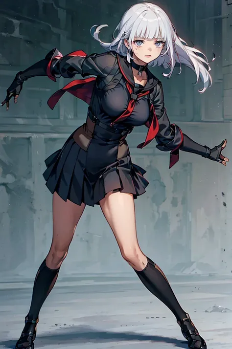 {{masterpiece}}, {{{Highest quality}}},{{Very detailed}},One girl,30 years old,{Mature Woman}},Cowboy Shot{{Small breasts}},{{Female Fighter}},Combat Stance,Fighting Pose,action,{{Black long-sleeved sailor suit}},Black pleated skirt,,Red Sailor Collar　chok...