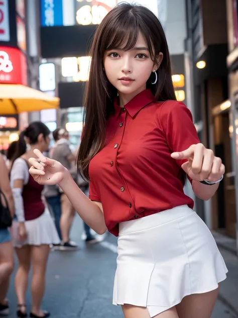 Product quality,1 girl,Cowboy Shot,Front view,(Thigh Emphasis:1.6),Young and sexy Japanese girl,20-year-old,Harajuku,(Crowded street:1.4),Snazzy,((Red Shirt:1.5)),wear,(Snazzyバッグ:1.3),Fashionable necklaces,Stylish earrings,((White Ultra Short Micro Mini Sk...