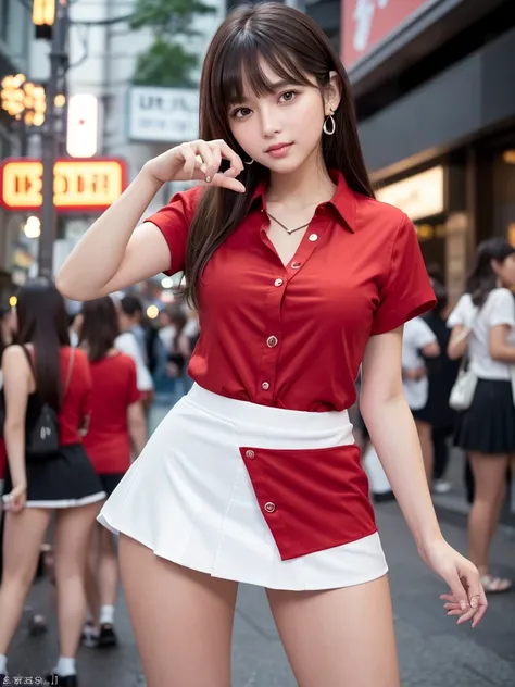 Product quality,1 girl,Cowboy Shot,Front view,(Thigh Emphasis:1.6),Young and sexy Japanese girl,20-year-old,Harajuku,(Crowded street:1.4),Snazzy,((Red Shirt:1.5)),wear,(Snazzyバッグ:1.3),Fashionable necklaces,Stylish earrings,((White Ultra Short Micro Mini Sk...