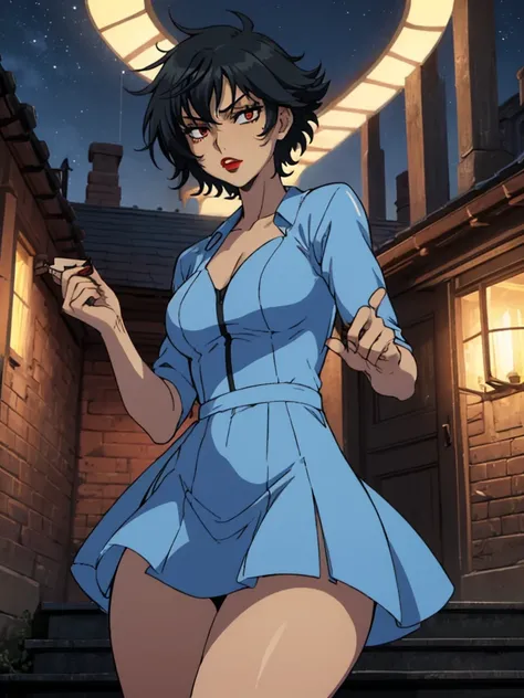 best quality, ultra-detailed, best illustration, masterpiece, high res (1girl:1.3), closed mouth, (19 years old), ((1girl)), ((((solo))), (((alone))), (((genderbend))), (((female))), wide hips, thick thighs, flat chest, narrow waist, ((blue top)), ((blue d...