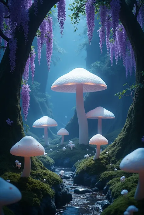 Secret garden with Wisteria flowers without anyone, with giant white mushrooms ,in a futuristic and dark style