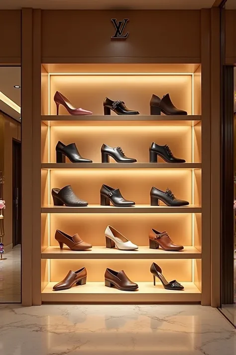 Create a picture of shelfs that have louis vuitton shoes