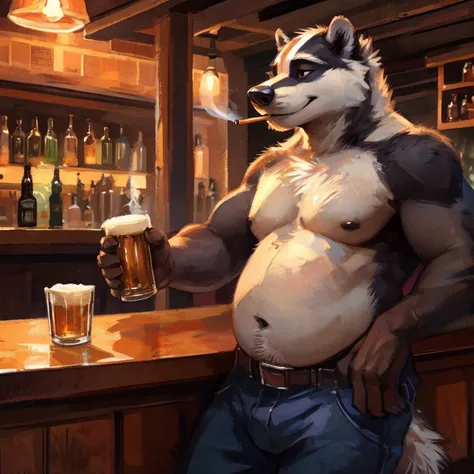 Solo, Badger, SemiMuscular and chubby, Middle-aged man, wearing glasses,  smoking, drinking beer, Bar, Pub, Shirtless,By mystikfox61 By kenket