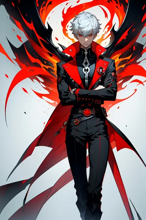 "Create an anime-style image of a Persona inspired by Arsène from Persona 5, with an elegant and modern design. The Persona should have a stylized, skeletal body with a refined skull and red flames emanating around it. The eyes should glow in red or orange...