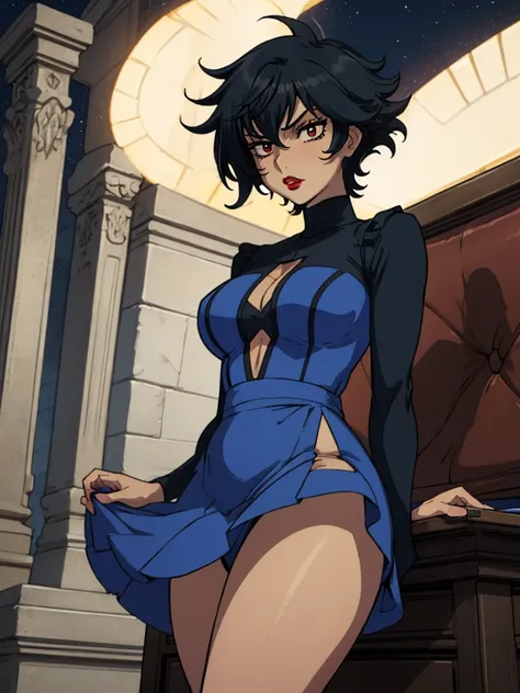 best quality, ultra-detailed, best illustration, masterpiece, high res (1girl:1.3), closed mouth, (19 years old), ((1girl)), ((((solo))), (((alone))), (((genderbend))), (((female))), wide hips, thick thighs, huge chest, narrow waist, ((blue top)), ((blue d...