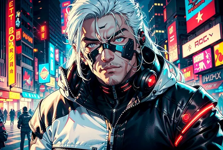 "Dark theme :: Close-up face focus, Surreal future cyberpunk muscular man with white hair sitting :: Cyberpunk face (cyber eyes) :: Cool cybernetic punk jacket with red neon eyes :: Shirtless:: Mechanical Complex Mask :: Natural Lighting :: Bokeh :: 8K :: ...