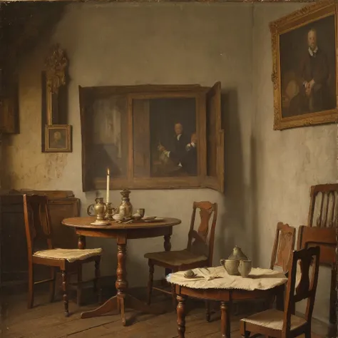 realistic picture,early19th century,in Europe,only one table,four chairs,dining room,modest,simple,wood,old,classical,poor life,at night,dark,