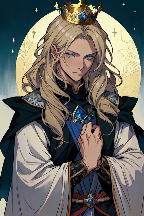 (Masterpiece), ((Highest Quality)),(Official Art),Dark cynicism:1.2),(1 Boy: 1.3), A young, weary winter king with short blonde hair, blue eyes, wearing a crown and detailed royal robe of silver and gold with religious themes. Wintry sunset background. Det...