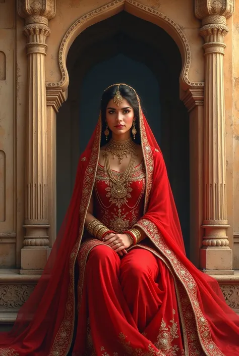 Brave rajput queen sitting in a fort wearing red rajasthani attire and adorned with rajputana jewellery 