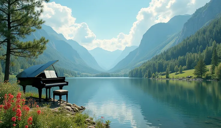 「A grand piano is placed on the quiet lakeside.、Its shape is reflected on the clear water surface.。Fluffy clouds spread across the sky、The sunlight shines softly、Creates a calm and dreamy atmosphere。The surrounding landscape is lush and green.、There are se...