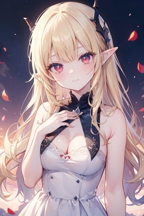 8K, masterpiece, best quality, best resolution, ultra detailed, a young girl, vampire, anime style, official art, upper body, view straight on, focus on eyes, head tilt, medium hair, wavy hair, blonde hair, bangs, light smile, beautiful and detailed eyes, ...