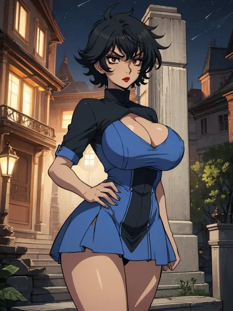 best quality, ultra-detailed, best illustration, masterpiece, high res (1girl:1.3), (large breast:1.5), closed mouth, (21 years old), ((1girl)), ((((solo))), (((alone))), (((genderbend))), (((female))), wide hips, thick thighs, narrow waist, ((blue top)), ...