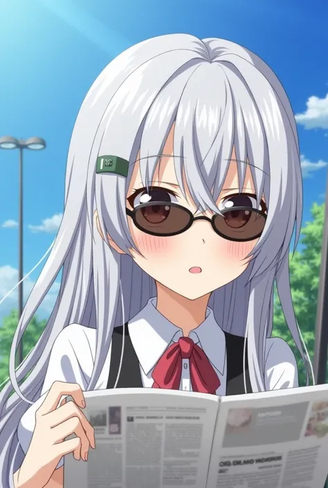 Wear sunglasses、Anime girl with a newspaper in front of her, Young woman anime visual, Cute girl anime visuals, style of madhouse anime, Gray-haired少女, Anime atmosphere, junko enoshima, Gray-haired lady, perfect Gray-haired girl, Gray-haired, Aesthetic awa...