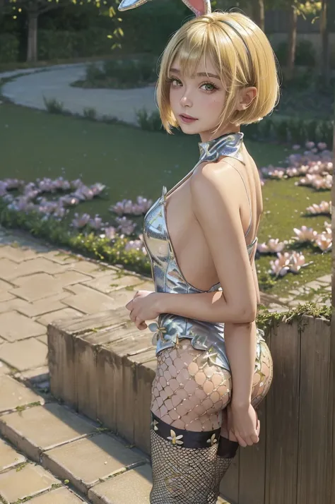 (masterpiece, Textured skin, Very detailed:1.3), One Girl, Place one arm behind your head, (smile:0.5) Edge Petal, Woman in bunny girl costume, Enamel costume、Fishnet tights,wearing Edge Petal, Garden Background, Dim break (Short blonde bob), 