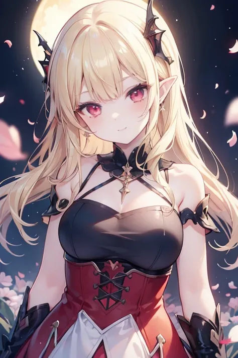 8K, masterpiece, best quality, best resolution, ultra detailed, a young girl, vampire, anime style, official art, upper body, view straight on, focus on eyes, head tilt, medium hair, wavy hair, blonde hair, bangs, light smile, beautiful and detailed eyes, ...