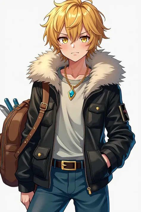 adolescent, Whole body, serious face, attractive, athletic body, blond hair, eyes the color of honey, Leather jacket with polar fleece on the hood, schoolbag, belt with knives, blue pants, black boots, Gold necklace with a sky-blue gem, power in one hand, ...