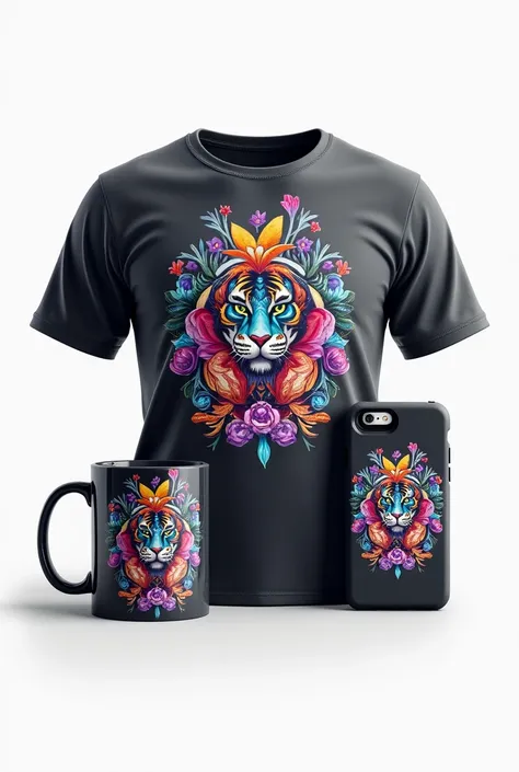 "A set of custom products designed with Printify, including a t-shirt, mug, and phone case. Each product is displayed in a high-quality mockup, with vibrant and unique designs. The items are arranged neatly against a white background, allowing the designs ...