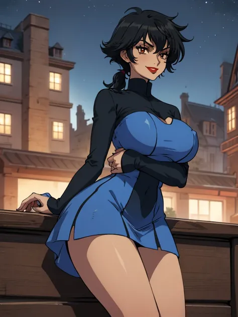 best quality, ultra-detailed, best illustration, masterpiece, high res (1girl:1.3), (large breast:1.5), closed mouth, (21 years old), ((1girl)), ((((solo))), (((alone))), (((genderbend))), (((female))), wide hips, thick thighs, narrow waist, ((blue top)), ...