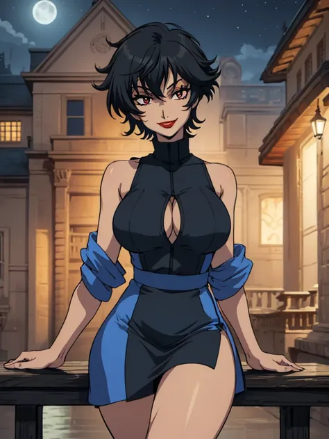 best quality, ultra-detailed, best illustration, masterpiece, high res (1girl:1.3), (large breast:1.5), closed mouth, (21 years old), ((1girl)), ((((solo))), (((alone))), (((genderbend))), (((female))), wide hips, thick thighs, narrow waist, ((blue top)), ...