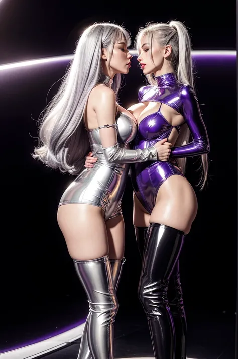 ((Highest quality)), (Rich in details), Girl wearing transparent metallic purple latex bodysuit hugging, Long gray hair and long silver hair, female love, Slime dripping from above, translucent latex bodysuit, Transparent latex pleated skirt,  Skin is very...