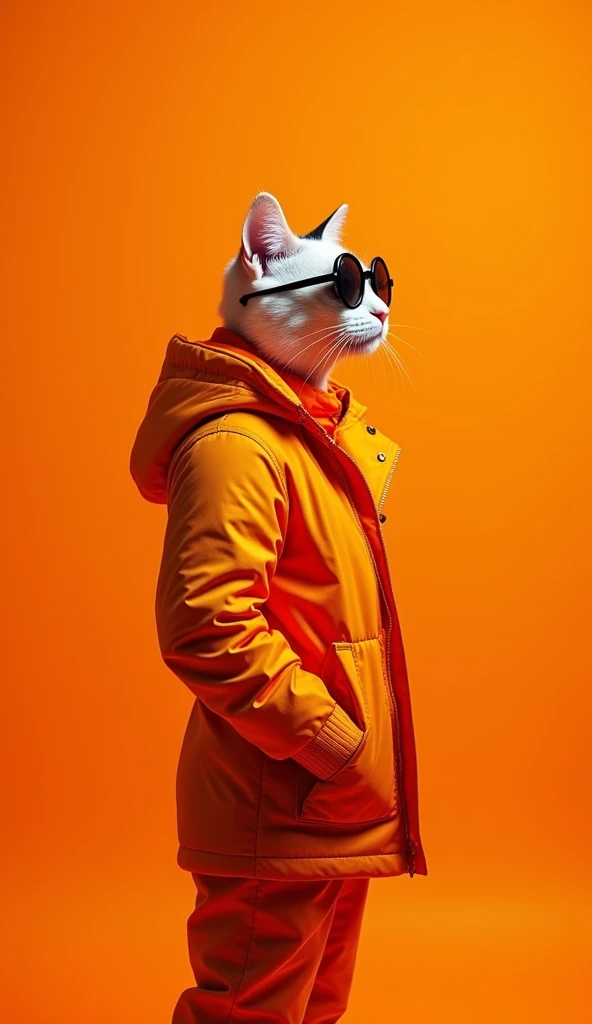 The best mobile wallpaper, Award winning wallpaper, portrait photography, In the front view there is a portrait of a cute cat dressed in 1960s mid-century space age clothing.., side view shot, shot with canon EOS R5, Establish a marked contrast that accent...