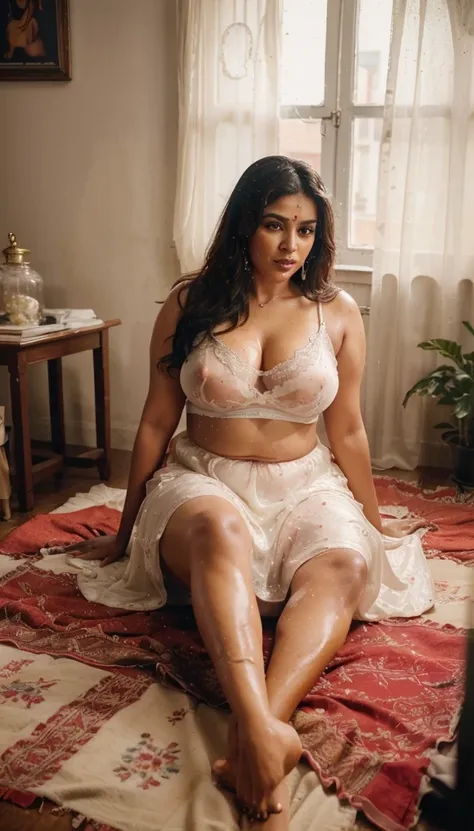 Day scene, full body photo of a plus sized 45 year old indian with a man from top view, (Masterpiece, Best Quality, High Resolution), office Background, (cum Splash on her breasts and nipples, cum Splash on her face, Splash of cum, cum Splash on her blouse...