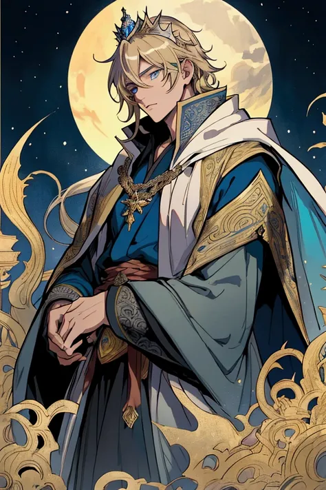 (Masterpiece), ((Highest Quality)),(Official Art),Dark cynicism:1.2),(1 Boy: 1.3), A young, weary winter king with short blonde hair, blue eyes, wearing a crown and detailed royal robe of silver and gold with religious themes. Wintry sunset background. Det...