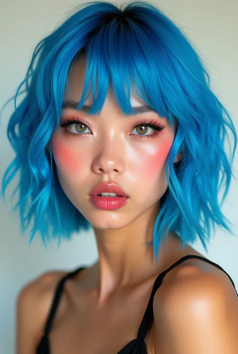 Tanned skin like a black person、Japanese Girls、Gal、Flashy makeup、Blue Hair、nude