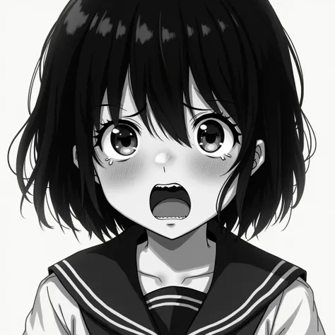 Black and White、With red cheeks and teary eyes、I narrowed my eyes a little、A girl with black hair and bob hair with her mouth wide open、The photo mainly shows the subject from the neck up.、Wearing a sailor uniform