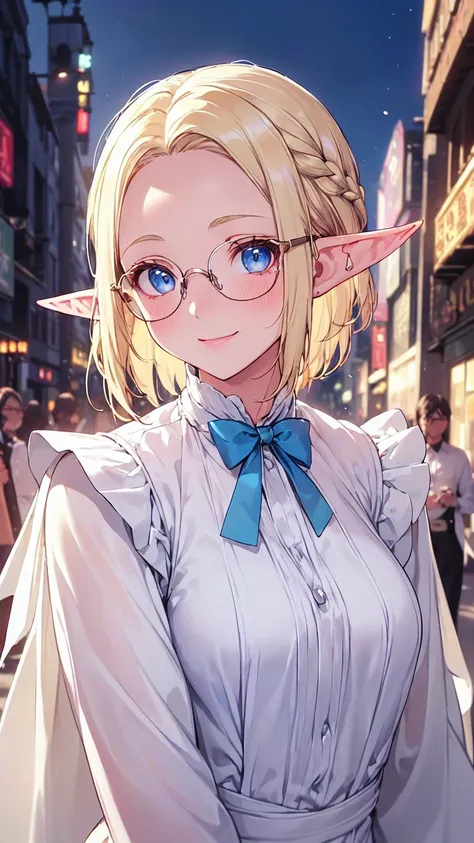 Very close、((Focus on the upper body))、16K、masterpiece、High resolution、High resolution、((1 young elven woman))、((Beautiful white skin))、((Beautiful blonde、Wide forehead visible、Glasses))、short hair、((Beautiful Blue Eyes))、((Pointed Ears))、Smiling Kindly、bl...