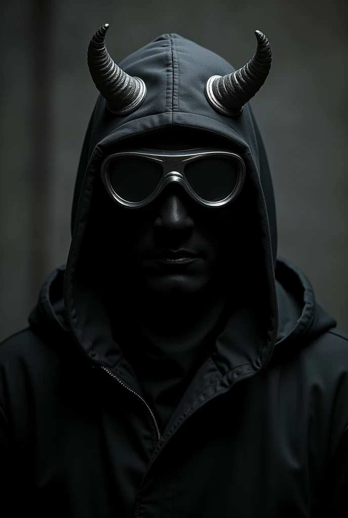 ski mask with very small horns on top and welding goggles over the eyes all black