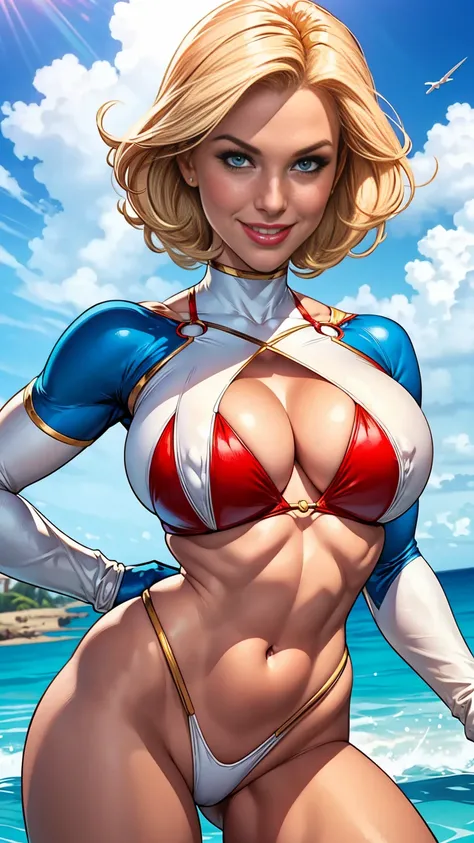 Power Girl from DC comics, blonde hair, bob hairstyle, perfect breasts, ((white slingshot bikini with oval cleavage cut out)), ((blue gloves)), red short cape, toned body, smile, tropical location