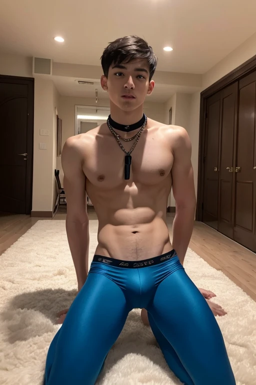 (Masterpiece), Best quality, expressive eyes, perfect face, 17 years old, full body, slim, Bondage and BDSM style, a young Latino, shirtless, short hair, in six-pack, wearing tight blue lycra pants, black riding boots, is suffering a strangulation, directl...