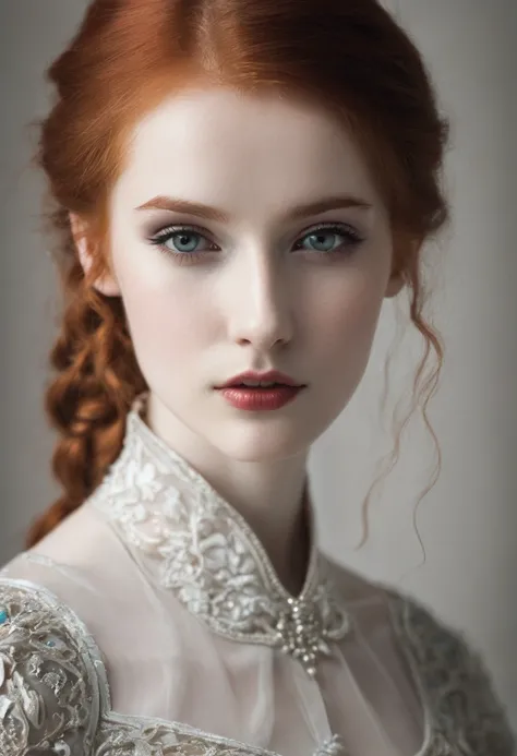 A 20 year old redhead girl, evil look, thin white skinned, elegant.