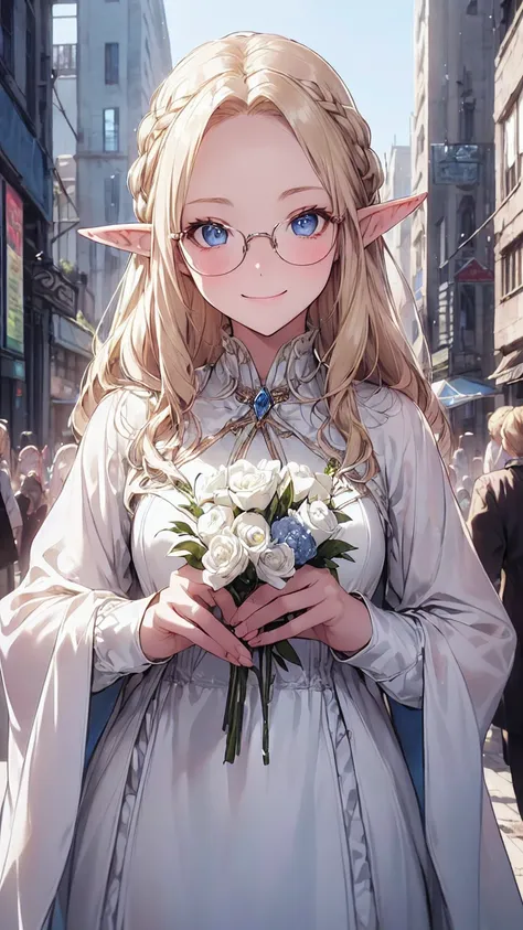 Very close、((Focus on the upper body))、16K、masterpiece、High resolution、High resolution、((1 young elven woman))、((Beautiful white skin))、((Beautiful blonde、Wide forehead visible、Glasses))、short hair、((Beautiful Blue Eyes))、((Pointed Ears))、Smiling Kindly、bl...