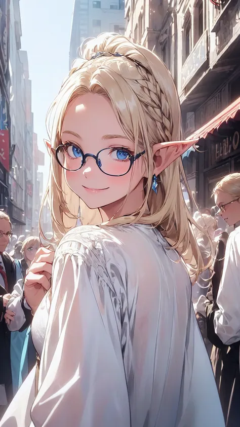 Very close、((Focus on the upper body))、16K、masterpiece、High resolution、High resolution、((1 young elven woman))、((Beautiful white skin))、((Beautiful blonde、Wide forehead visible、Glasses))、short hair、((Beautiful Blue Eyes))、((Pointed Ears))、Smiling Kindly、bl...