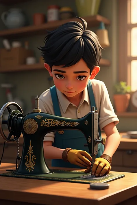 Mechanic boy repairing sewing machine
