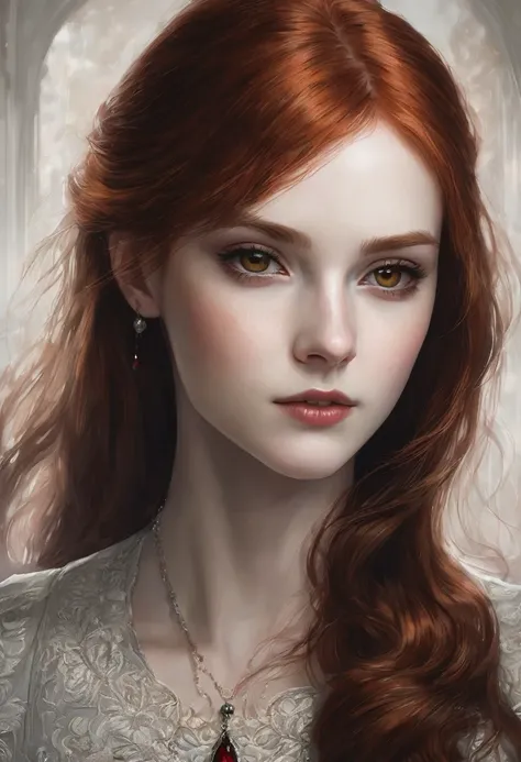 A 20 year old redhead girl, evil look, thin white skinned, elegant, Brown eyes 