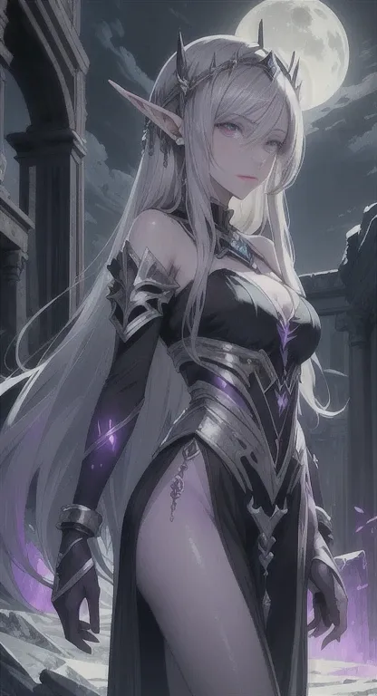 Silver skin, silver moon, ancient elf, rare, cursed maiden, celestial armor, beautiful girl, long icy hair, violet glowing eyes, silver skin, palace ruins,