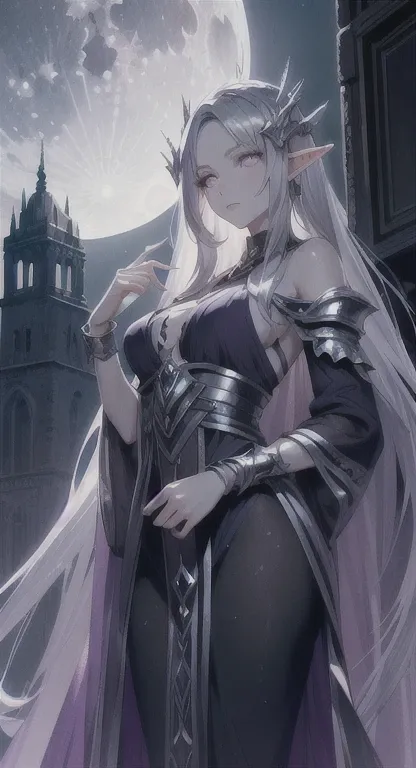 Silver skin, silver moon, ancient elf, rare, cursed maiden, celestial armor, beautiful girl, long icy hair, violet glowing eyes, silver skin, palace ruins,