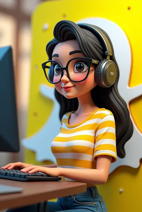 Create a 3D illustration featuring a realistic 20-year-old beautiful girl busy Developing software in front of a 3D logo of "SNAP CHAT" The girl wearing Yellow & white casual Shirts, with glasses, with headphones, The background of the image should showcas...