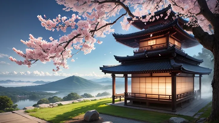 Create a serene and mystical scene set in an ancient Japanese landscape. In the foreground, a majestic cherry blossom tree with white, glowing blossoms stands prominently, casting a soft, ethereal light. The trees delicate petals shimmer with an otherworld...