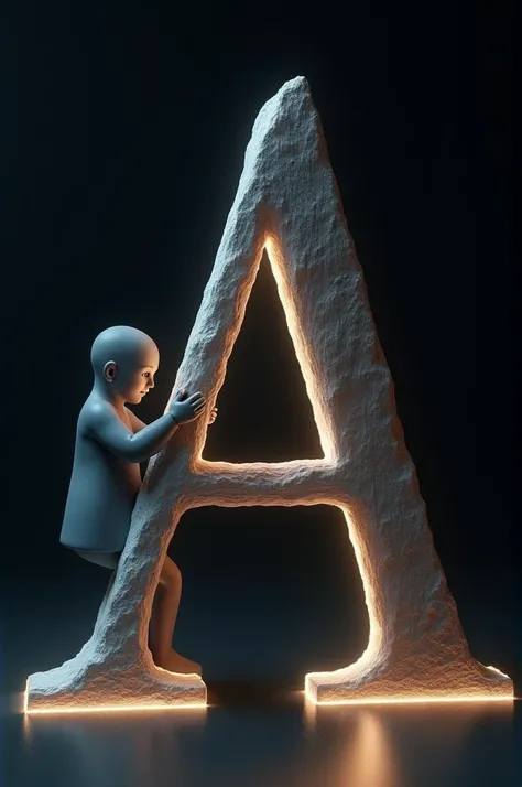 The background should be a dark gradient to keep the focus on the letter and the person. Ensure that the lighting gives a soft glow to the edges of the A 3D letter and casts subtle shadows to add depth