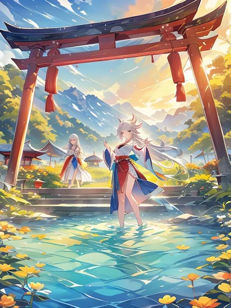 ((Highest quality)), ((masterpiece))、Small breasts are justice、background（Magnificent View）、View from afar、Multiple people、Two women、Two shrine maidens、Dance、prayer、Uplifting、Guidance、(Blue and silver long hair、Blue-green eyes)、(Scarlet long hair、Orange ey...