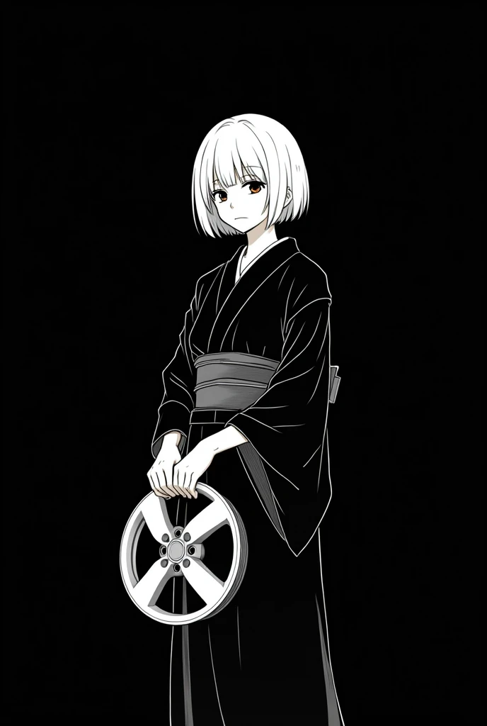 Write with a white pen on a black background. No grey, just black and white.。
Girl in kimono。Anime style, girl&#39;s hair length is bob, color is white。
Car wheel in hand１I have one。
No tires attached。
The wheels are 5 spokes。
