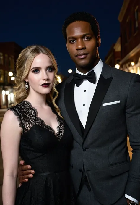 Elizabeth Lail and a handsome African American male whose facial features are a combo of Jovan Adepo + Nathan Mitchell enjoy an evening stroll. Both are dressed attractively for a night on the town. Elizabeth wears a black gothic criss-cross lace dress. El...