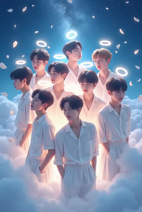 A kpop group called "Starlight" They are 7 Korean men between 16 and 22 years old. With concept of angels, constellations and flowers. Sky blue colors, Navy blue, white and cream.