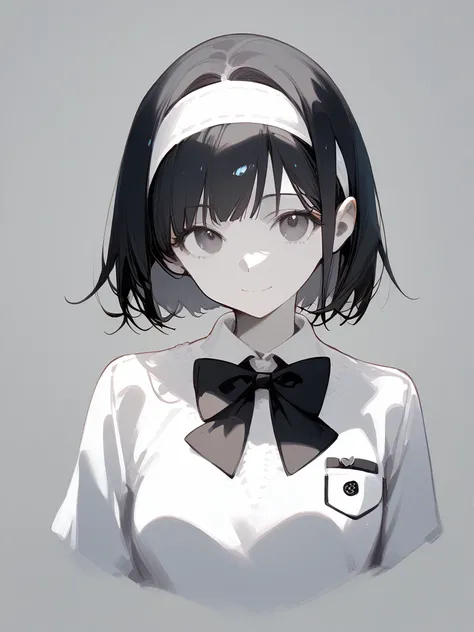 1girl, 
score_9, score_8_up, score_7_up, simple background, graphite (medium), upper body, bow, closed mouth, headband, greyscale, short hair, solo, school uniform, smile, bowtie, looking at viewer, monochrome, bob cut, traditional media