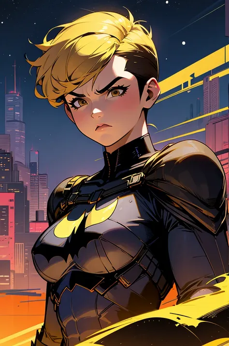 1female , undercut hair , wavy hair ,short hair, black Hair , brown Eyes , muscular ,teen female , Serious Expression , Modern City Background , Big symbol on chest, modern city background, upper body, batman shirt, arm, white arm sleeves, superhero suit, ...