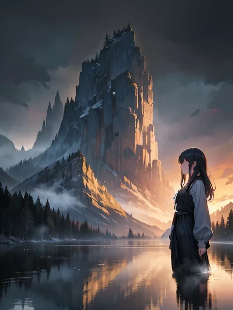 A beautiful girl singing by a serene lake, surrounded by a picturesque landscape painting of a cold, atmospheric scene, with a melancholic, bittersweet mood between the two figures who find it difficult to part ways, 1girl, detailed face, detailed eyes, de...